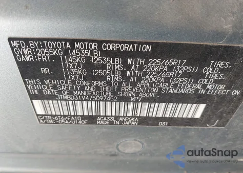 2007 Toyota Rav4 Limited z USA, uszkodzony, nr VIN JTMBD31V475097452